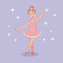 little beautiful girl ballerina vector illustration with sparkles and butterflies on background