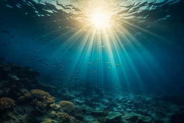 Mystical Deep Blue: Stunning Underwater Beauty and Radiant Light. Ai generated.