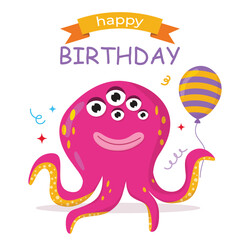 Vector cute pink monster with tentacles and balloon. Cartoon icon. Babe birthday clipart isolated on white.