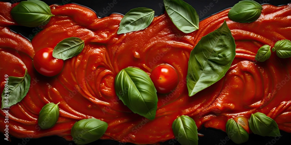Poster a red tomato sauce with basil and cherry tomatoes in a wave pattern on a black background.