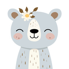 Cute happy cartoon girl bear with a flower on her head in summer. Adorable wild animal character with eyes closed, design element isolated on white