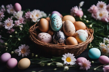 Obraz na płótnie Canvas Easter eggs in a basket and flowers
