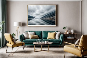 Fototapeta premium Interior mockup with picture frame on a Wall. Luxurious living room in with sofa and painting on a wall 3D render. 