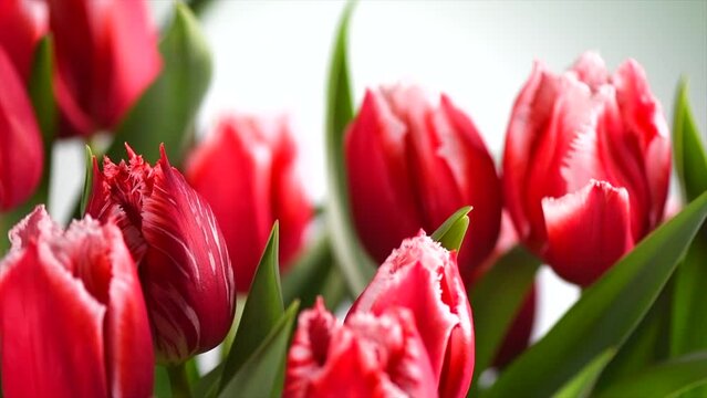 Tulip bouquet, tulips spring flowers close up, blooming red tulips Easter background, bunch. Beautiful Spring Easter flowers blooming, beauty flower. Valentine's Day gift. Slow motion. 