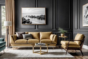 Interior mockup with picture frame on a Wall. Luxurious living room in with sofa and painting on a wall 3D render.	