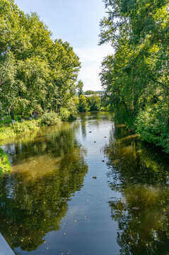 Landscape with the image of a river in the city park.