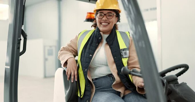 Woman face, engineering and foreman on forklift for building and construction project. Happy, warehouse employee and smile for renovation, industrial and factory transport on site for architecture