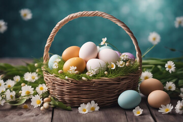Easter eggs in a basket and flowers