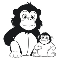 A vector of a cute Chimpanzee in black and white coloring transparent white background PNG