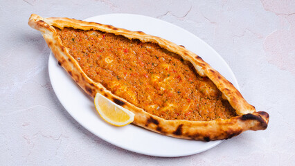 Minced meat pide top view isolated