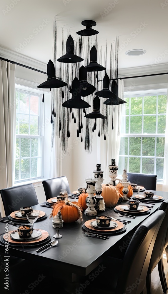 Canvas Prints a dining room decorated for halloween with black and white pumpkins hanging from the chandeles on th