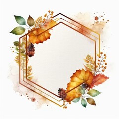 Hexagon frame with autumn leaves watercolor painted isolated on white background. Theme of vintage minimal art design in geometric. Finest generative AI.