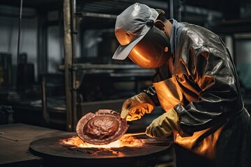 a welder working on a piece of copper in a foundry at the man is wearing a protective mask and gloves