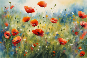 Obraz premium impressionist watercolor style painting of poppies and wildflowers in a summer meadow