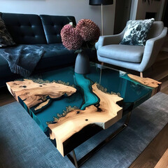 Epoxy coffee table in a living room.
