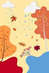 Vector drawing, Autumn, Trees, Leaves, Clouds, Rain, Raindrops, Paper, Print, autumn background
