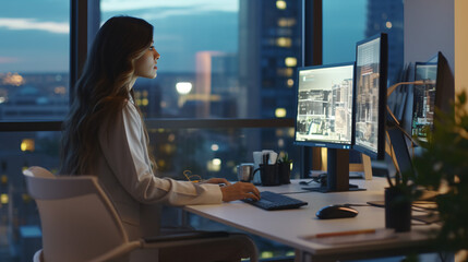 Young Female Data Scientist Typing On Desktop Computer In Bright And Diverse Corporate Office With Megapolis Window View. Professional Caucasian Woman Working In Tech Startup Company With Colleagues - obrazy, fototapety, plakaty