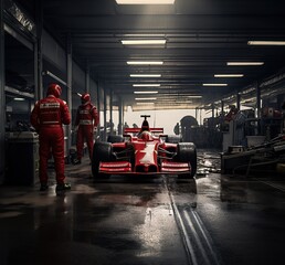 The pit lane of a red racing car. Team work