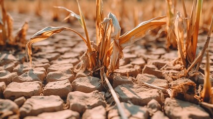 Dried crops close up over a cracked dry land, draught, food crisis concept