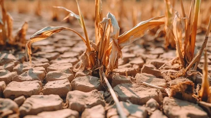 Schilderijen op glas Dried crops close up over a cracked dry land, draught, food crisis concept © Oleksii Halutva
