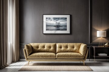 Interior mockup with picture frame on a Wall. Luxurious living room in with sofa and painting on a wall 3D render.	