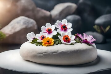 Fototapeta na wymiar round white rock cosmetic podium scenery with anemone flower in the photo studio