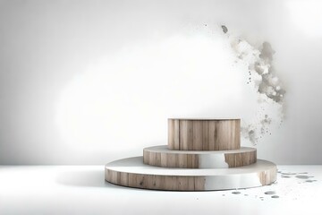 round wood stone podium background white wall with grey and silver paint splash