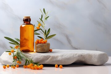 Sea buckthorn branch with berries and leaves on podium natural cosmetic - obrazy, fototapety, plakaty