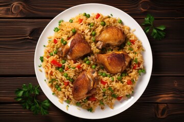Fototapeta premium Spanish cuisine Arroz con pollo served on a white plate with veggies on a wooden table