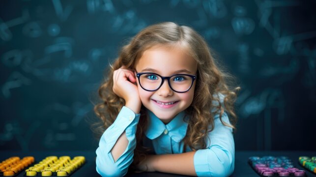 a schoolgirl in glasses poses against the background of the blackboard, symbolizing the joy of learning. Generative Ai