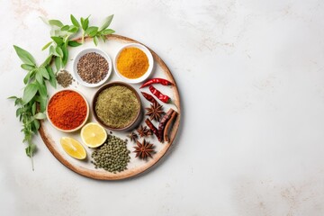 Spices herbs and condiments on white stone table top view copy space Indian food background
