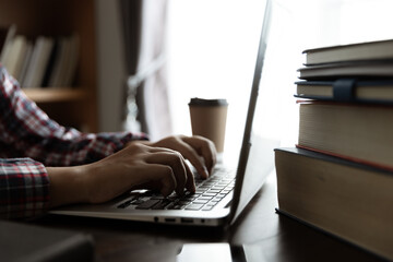 Asian woman student study online with skype teacher, happy young woman learn language listen...