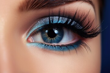 Obraz premium Stunning close up of attractive blue eyes with creative smoky eye makeup perfect shape and long lashes