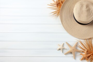Summer beach accessories arranged in a top view with empty space. A flat layout of vacation fashion