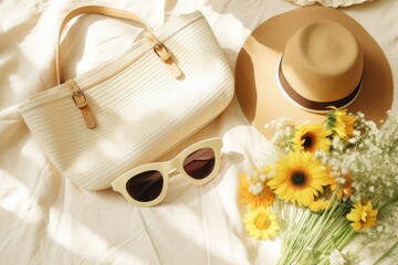 Sunny Style: A Stunning Summer Flat Lay with Rattan Bag and Sunglasses
