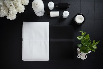 The bathroom is adorned with a monochromatic color scheme of white and black Towels and accessories are placed on a dark background White bath towels are arranged neatly on a black t