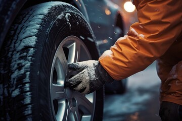 The service involves the usage of winter tires and the assistance of hands covered in gloves for protection against the cold weather. - obrazy, fototapety, plakaty