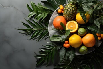 The summer tropical arrangement illustrates lush palm leaves and exotic fruits against a gray backdrop