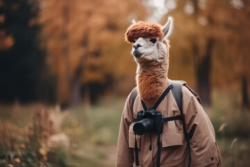 Obraz premium portrait of happy alpaca wearing travel clothes on vacation 
