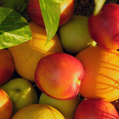 The sunset made the basket of oranges and nectarines look even more beautiful, as if they were glowing in the warm light