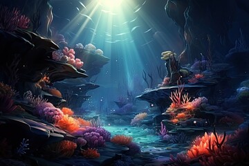 Abstract illustration of deep sea river and light decorated with diverse and beautiful flora - obrazy, fototapety, plakaty
