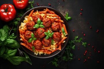 Top down view of penne pasta meatballs vegetables and tomato sauce in a bowl flatlay