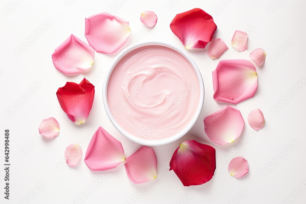 Poster Top view of a white background showcasing a natural beauty product infused with rose oil.