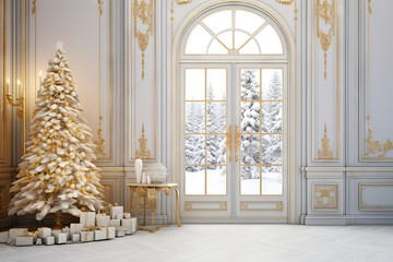 Luxurious living room interior with imposing door. Christmas decor, Christmas 