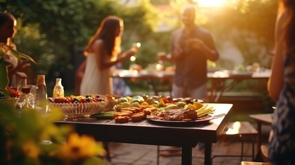 Evening garden gathering with friends enjoying delicious food, drinks, and lively conversation in a warm, inviting atmosphere at sunset