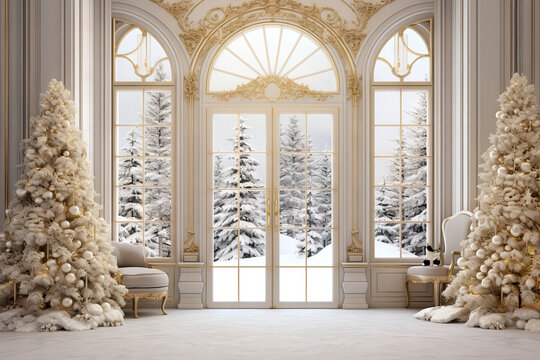 Luxurious Living Room Interior With Imposing Door. Christmas Decor, Christmas 