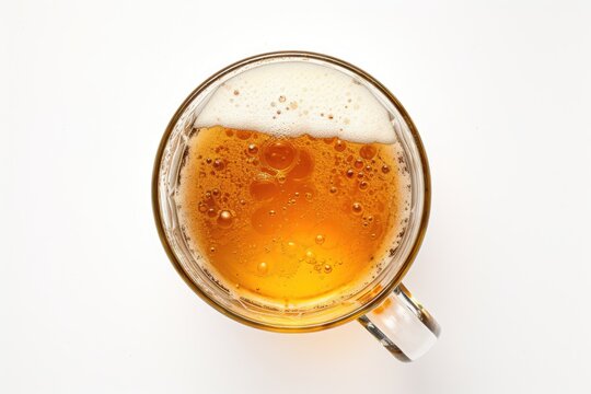 Top view of a solitary beer mug adorned with a bubble on its glass, exuding an aura of celebration, and isolated against a white background.