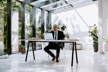 Confident mature businessman using computer while working in the modern office