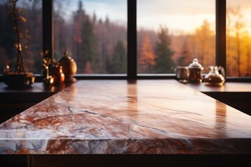 tabletop over brigh defocused kitchen background.