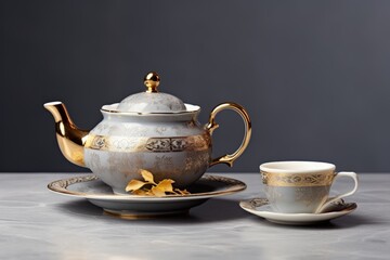 Top view of teapot sugar bowl and cup of tea on a grey background - obrazy, fototapety, plakaty